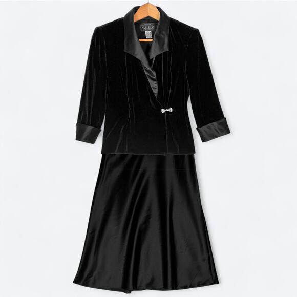 Alex Evenings Black Velvet Jacket & Satin Skirt Set Womens S Rhinestone Cocktail - Picture 1 of 11